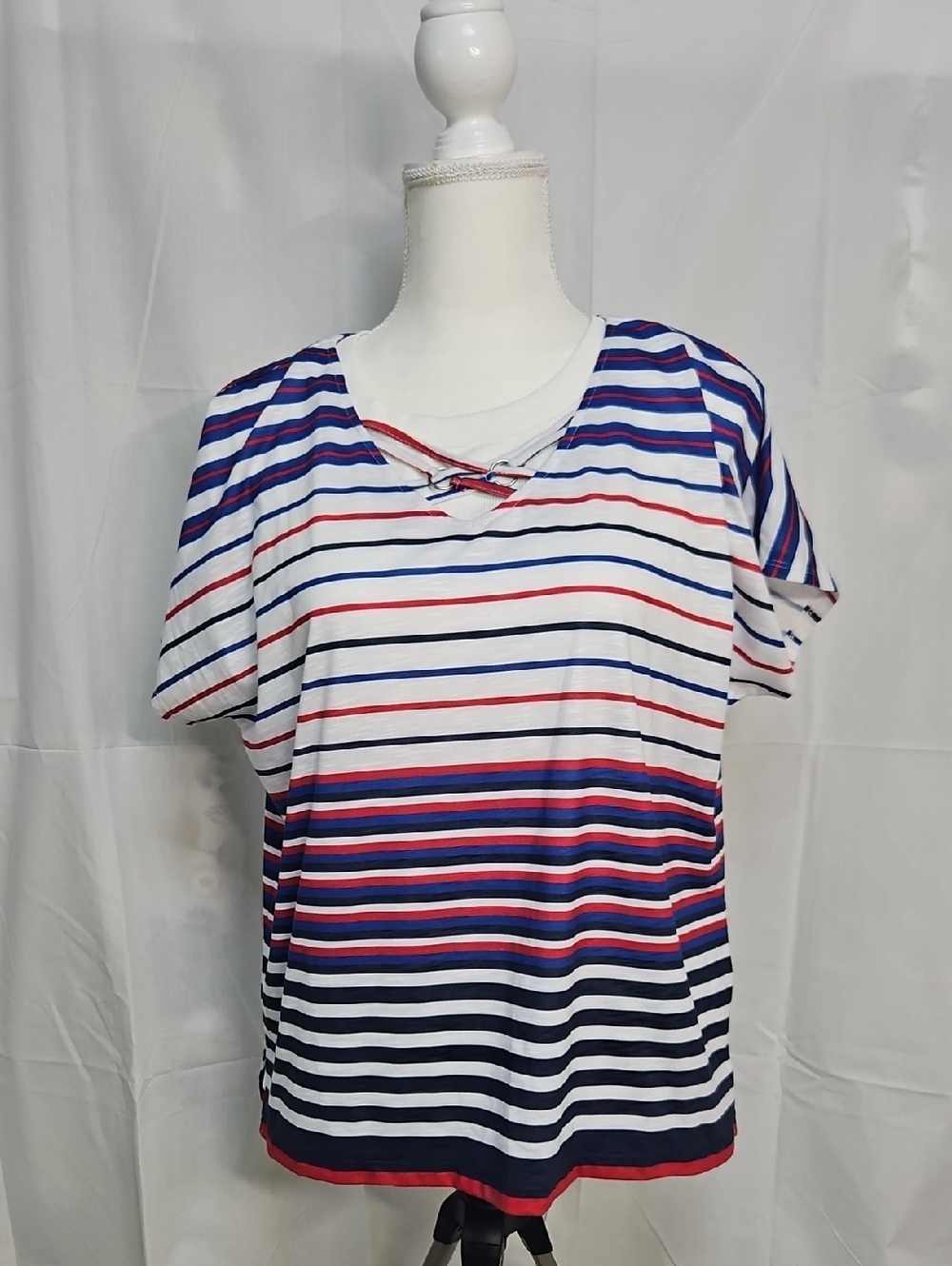 Allison Daley White Tee with Blue & Red Stripes